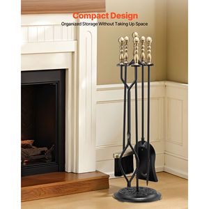5 PCS <b>Fire</b> <b>Tool</b> <b>Set</b> Holder Five Prong Stand Includes Tongs Ash Shovel Brush <b>Fire</b> Place Poker Wrought Iron Fireplaces Accessories - Product Image 5