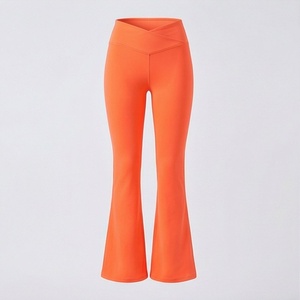 <b>High</b> <b>Waist</b> <b>Flared</b> <b>Leggings</b> Women Solid Orange Stretch Knitted Full Length Yoga Pants All Seasons Wear - Product Image 1