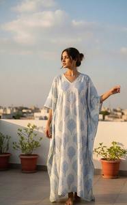 Kaftan en coton imprimé à la main pour femme, style bohème, tenue de plage, robe d'été ample, kaftan indien fait main - Product Image 4