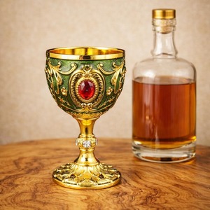 Highest Handmade Metal Wine Cup Wedding Decor Round Shape Gold Rimmed <b>Goblet</b> With Red Gem Green Enamel - Product Image 5