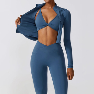 <b>White</b> <b>Long</b> <b>Sleeve</b> Zip Front <b>Crop</b> <b>Top</b> Yoga Fitness Wear Women's Activewear Seamless Breathable Quick Dry High Waist Leggings Set - Product Image 3