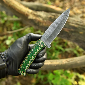 Couteau de chasse fixe en acier Damas, lame droite, manche en résine verte, pleine longueur, pointe tombante, pour camping, avec étui en cuir, offre OEM - Product Image 2