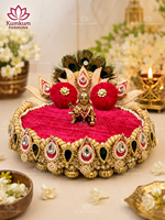 Nouvel Arrivage : Temple Domestique Festif Écologique en Velours Rouge Fait Main Indien avec Perles et Or, pour Idoles Divines Singhasan, Laddu Gopal, Krishna, Ganesh