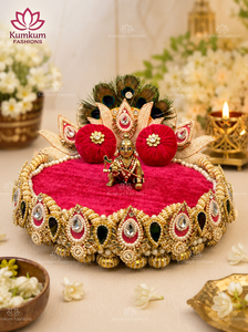 Nuevo y Popular Singhasan de Terciopelo Rojo Hecho a Mano en India con Perlas Doradas, Ídolo Divino Laddu Gopal Krishna Ganesh Ji, Decoración Festiva para el Hogar - Product Image 3
