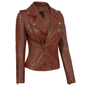 Women's Brown Genuine Leather Moto <b>Jacket</b> Full Sleeve With Cloth Hood Zipper Closure Solid Color Biker Style Autumn Wear - Product Image 4