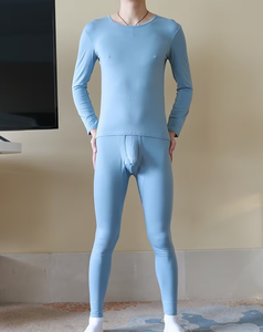 Men Light Blue Knitted Long Sleeve Top And Leggings Set Solid Color Casual Loungewear All Seasons Wear - Product Image 4