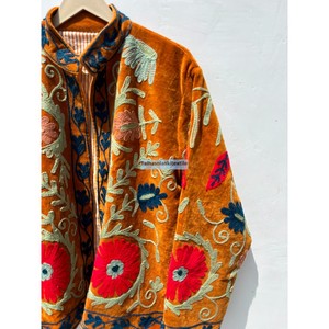 Veste en velours brodée Suzani pour femme, col mandarin, manches longues, motif floral, doublure en coton, manteau de printemps - Product Image 3