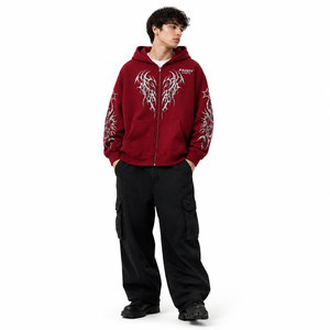 Sweat-shirt à capuche zippé surdimensionné en molleton de coton épais, style streetwear Y2K personnalisé, avec imprimé graphique, pour homme, style hip-hop. - Product Image 1