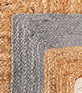 Tapis rond en jute gris et blanc fait main, tressé, style farmhouse bohème, en fibres naturelles, pour salon - Product Image 5