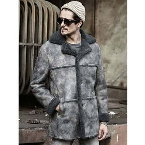 Veste en cuir véritable pour homme avec doublure en fausse fourrure, col rabattable, coupe-vent, style vêtement de travail, finition épaisse et lavée - Product Image 1