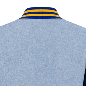<b>Womens</b> <b>Light</b> Grey Varsity Bomber <b>Jacket</b> Blue Sleeves Laurel Crest Embroidery Gold Trim Snap Button Ribbed Collar Cuffs Casual - Product Image 6