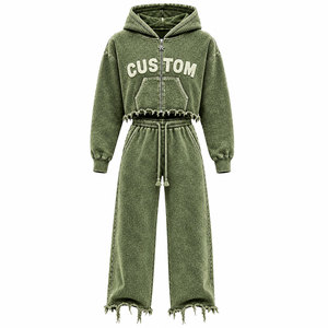 Men <b>Brown</b> Tracksuit Set 100% Cotton Full Length Zipper 450 Gsm Cropped Zipper Wide Leg <b>Joggers</b> Frayed Hem Casual Wear - Product Image 5