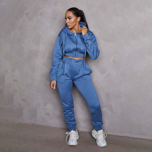 Best Quality Dusky Blue 2-Piece Women's Cropped Drawstring Closure Elasticated Winter Casual <b>Tracksuit</b> Set - Product Image 1