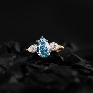 2.40 TW Blue Color Pear Diamond Lab Grown Diamond Three <b>Stone</b> Engagement <b>Ring</b> 14K Yellow Gold Anniversary Wedding Jewelry - Product Image 1