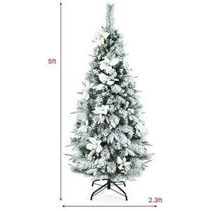 Albero di Natale Preilluminato con Effetto Neve, Bacche e Fiori di Poinsettia - Product Image 6