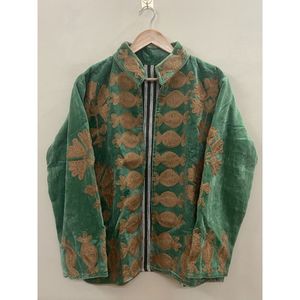 Green <b>Velvet</b> Embroidered <b>Blazer</b> Women Mandarin Collar Full Sleeve Winter Cotton Hand Embroidery Pattern - Product Image 1