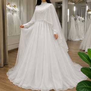 Luxury <b>White</b> Pearl Beaded Ball Gown for Women | Elegant High Neck Long Sleeve Evening Dress Watteau Train Flowing Chiffon <b>Cape</b> - Product Image 3