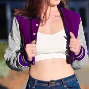 Womens <b>Varsity</b> Crop <b>Jacket</b> <b>Purple</b> Grey Letterman Style Bomber Coat Faux Leather Sleeves - Product Image 2