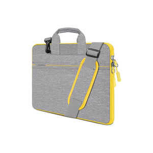 Gray Oxford Laptop Sleeve With Yellow Trim Detachable Shoulder Strap Zipper Closure Front Pocket Unisex Casual Style - Product Image 1