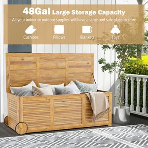 Cassapanca da Esterno in Legno con 2 Ruote e Maniglia Laterale, Soluzione di Stoccaggio Mobile per Patio - Product Image 5