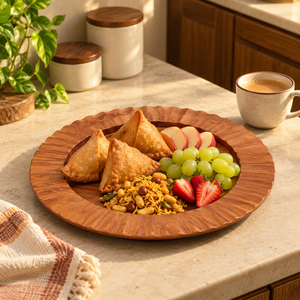 Plateau de service en bois de manguier poli et durable, centre encastré, forme moderne |   Plateau en bois peu profond pour fruits et en-cas de mariage - Product Image 2