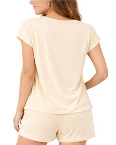 Ensemble de salon beige pour femme : T-shirt à manches courtes et short – Pyjama décontracté d'été en mélange de coton doux et respirant – Tenue deux pièces - Product Image 2
