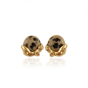 Natural dalmatian jasper round studs <b>earring</b> 18k <b>gold</b> plated solid brass push <b>back</b> closure jewelry for women partywear gifts - Product Image 1