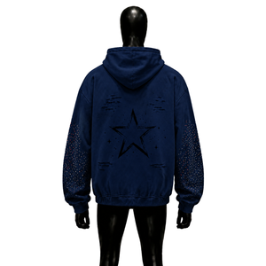 NAVY BLUE RHINESTONE ZIP UP HOODIE TRIBAL GOTHIC GRAPHIC Y2K STREETWEAR OVERSIZED STUDDED <b>PUNK</b> GRUNGE HOODED SWEATSHIRT <b>JACKET</b> - Product Image 2