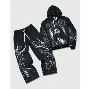 ชุดวอร์มผู้ชายลายกราฟิก Y2K พิมพ์ลายพระเยซู เสื้อฮู้ดซิป แจ็คเก็ตทรงหลวม กางเกงขายาวทรงบาน ชุดสองชิ้น คุณภาพสูง สไตล์สตรีทแวร์ - Product Image 1