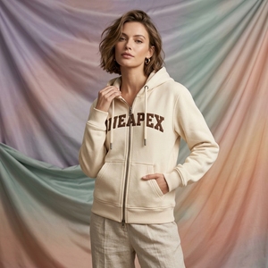 <b>Women's</b> <b>Cream</b> Zip Up Oversized Hoodie Custom Logo Premium Cotton <b>Fleece</b> Pullover Sweatshirt Wholesale Streetwear Manufacturer - Product Image 6