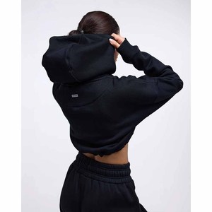 2026 <b>Women's</b> Black Cropped Hoodie <b>Set</b> Full Sleeve Solid Color Casual Knitted Cotton Top Drawstring Hood Matching Pants Winter - Product Image 4