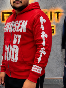 Sweat-shirt à capuche rouge pour homme Rexfit, personnalisé avec l'impression « Chosen By God », fermeture éclair, style streetwear décontracté, en coton French Terry, très vendu. - Product Image 3