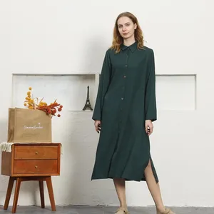 Luxury Green Cotton Linen Midi <b>Dress</b> With Full Sleeve Turn-down Collar <b>Loose</b> Fit boho Style Summer Casual Daily Wear - Product Image 1