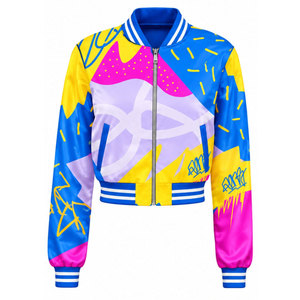 Geometric Print Varsity Jacket <b>Women's</b> Short Crop Bomber <b>Coat</b> Full Sleeve Turn-down Collar Polyester Zipper Closure <b>Spring</b> Style - Product Image 2
