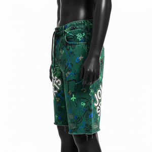 Shorts de Mezclilla Verde con Lavado Ácido Premium, Mezclilla Gruesa de Algodón, Estilo Urbano con Graffiti, Logotipo Personalizado con Serigrafía, Shorts de Hombre con Lavado Ácido - Product Image 5