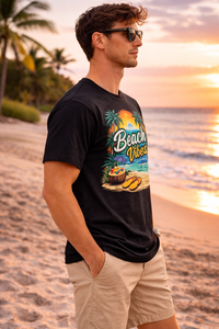 Camiseta Gráfica Negra Oversize para Hombre, Estampado de Atardeceres y Playa, Algodón, Estilo Urbano, Casual, Holgada, con Logo Personalizado - Product Image 3