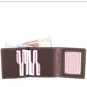Burgundy Genuine Leather <b>Men</b> Trifold <b>Wallet</b> Clear ID Window Multi Card Slots Cash Pocket Contrast Stitching <b>Small</b> Male Purse - Product Image 2