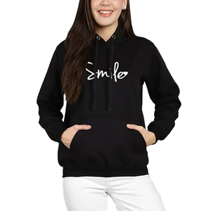 Fabricant sur mesure OEM ODM Sweat-shirt à capuche noir pour femme avec imprimé sourire, manches longues, en coton tricoté, décontracté, pour l'automne - Product Image 5