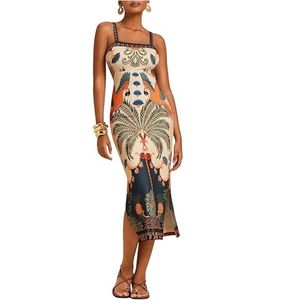 Robe longue chic et élégante pour femme, sans manches, en mousseline de soie à motif floral, coupe trapèze, avec nœud au dos et fente haute, ourlet droit - Product Image 1