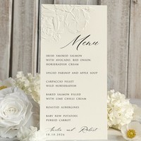 Carte de vœux rectangulaire en papier couché gaufré floral ivoire, numéro de table, carte de nom d'invité de mariage, carte de menu