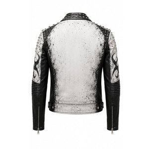 Men's PU Leather Punk Motorcycle <b>Jacket</b> With Skull Print Rivet Spikes Zipper Closure Turn-down Collar Autumn Wear - Product Image 6