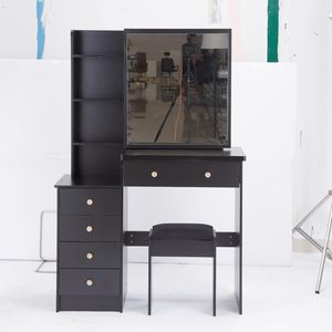 Tavolo da Trucco Extra Large da 37 Pollici con Specchio Scorrevole a Destra, Multistrato, Alta Capacità, con Sgabello Imbottito, Dimensioni Medie, Comodino Sinistro - Product Image 4