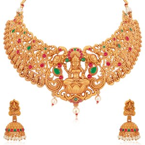Sukkhi <b>Gold</b> Plated Temple <b>Jewelry</b> Goddess Lakshmi Choker Necklace <b>Set</b> For Women Brass Handcrafted Modern Artisanal - Product Image 1