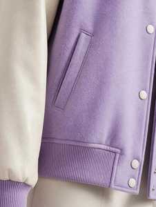 Purple Color Block PU Leather Embroidered Front Logo Windproof Winter Crew Neck Varsity Jacket Unisex Snap <b>Button</b> PEACE Patch - Product Image 4