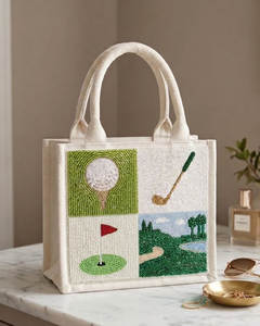 Sac fourre-tout perlé fait main sur le thème du golf pour femme, sac à bandoulière brodé, sac à main de luxe en perles de rocaille, fermeture ouverte avec chaînes - Product Image 1