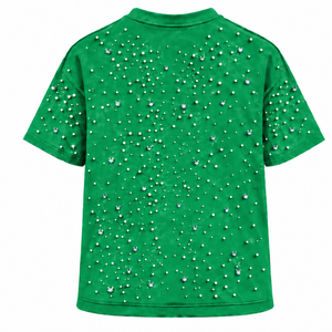เสื้อยืดคอกลมแขนสั้นสีเขียวมรกตประดับมุกสำหรับทุกเพศทุกวัย ดีไซน์ทันสมัยพร้อมลูกปัดมุกตกแต่ง เหมาะสำหรับใส่ลำลอง - Product Image 2
