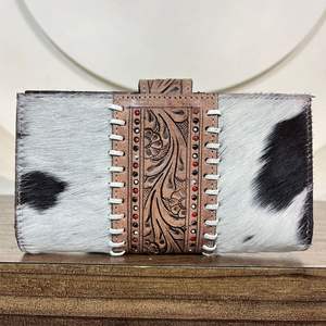 New Arrival Hand <b>Tooled</b> Carving Cards Wallet Clutch Phone Case Stylish Cowhide Fur <b>Leather</b> Multi Uses Western <b>Leather</b> Wallets - Product Image 5