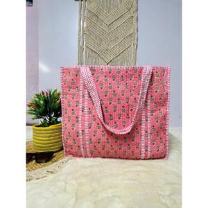 Sac fourre-tout en coton matelassé floral indien fait main style bohème, fermeture ouverte, réutilisable, pour usage quotidien - Product Image 3