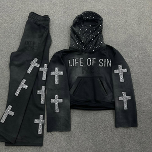 Premium Quality Custom Zipper Sweat suit Diamond Glitter Rhinestone Jogger Flared Tracksuit Sweatpants and Mask <b>Hoodie</b> Set - Product Image 5