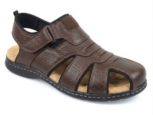 Sandales pour hommes en cuir véritable marron foncé à brides croisées, bout fermé, fermeture auto-agrippante, décontractées, toutes saisons, respirantes, confortables, semelle en caoutchouc - Product Image 1